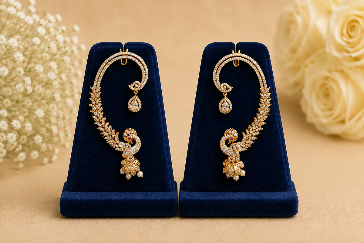 Regal Peacock Motif Ear Cuff – Crystal Studded Jhumka Drop, Gold Plated