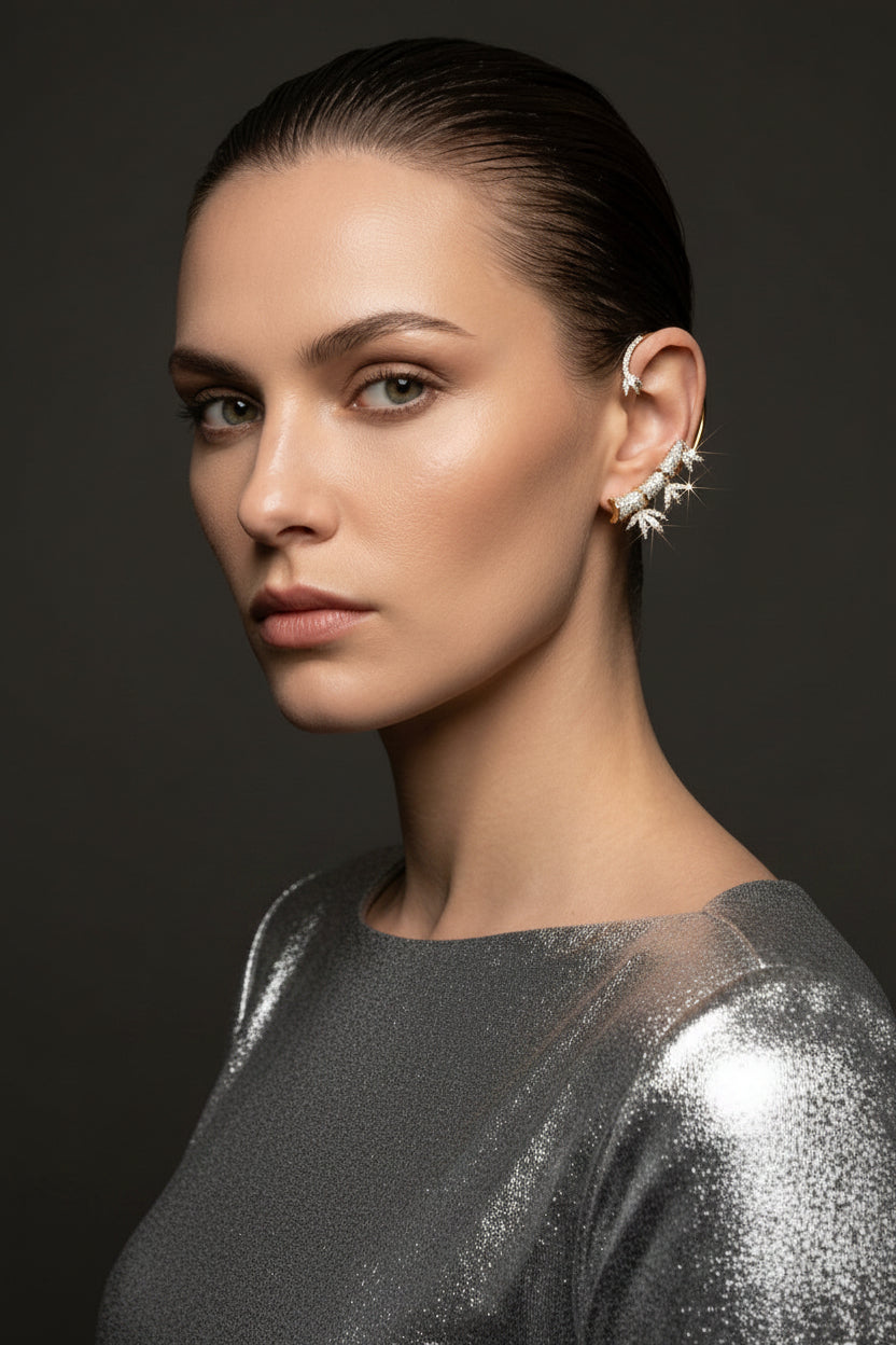 A close-up portrait of a model with slicked-back dark hair wearing a silver-toned, multi-pronged ear cuff with white crystal-like accents. She is wearing a black top against a dark gray studio background.