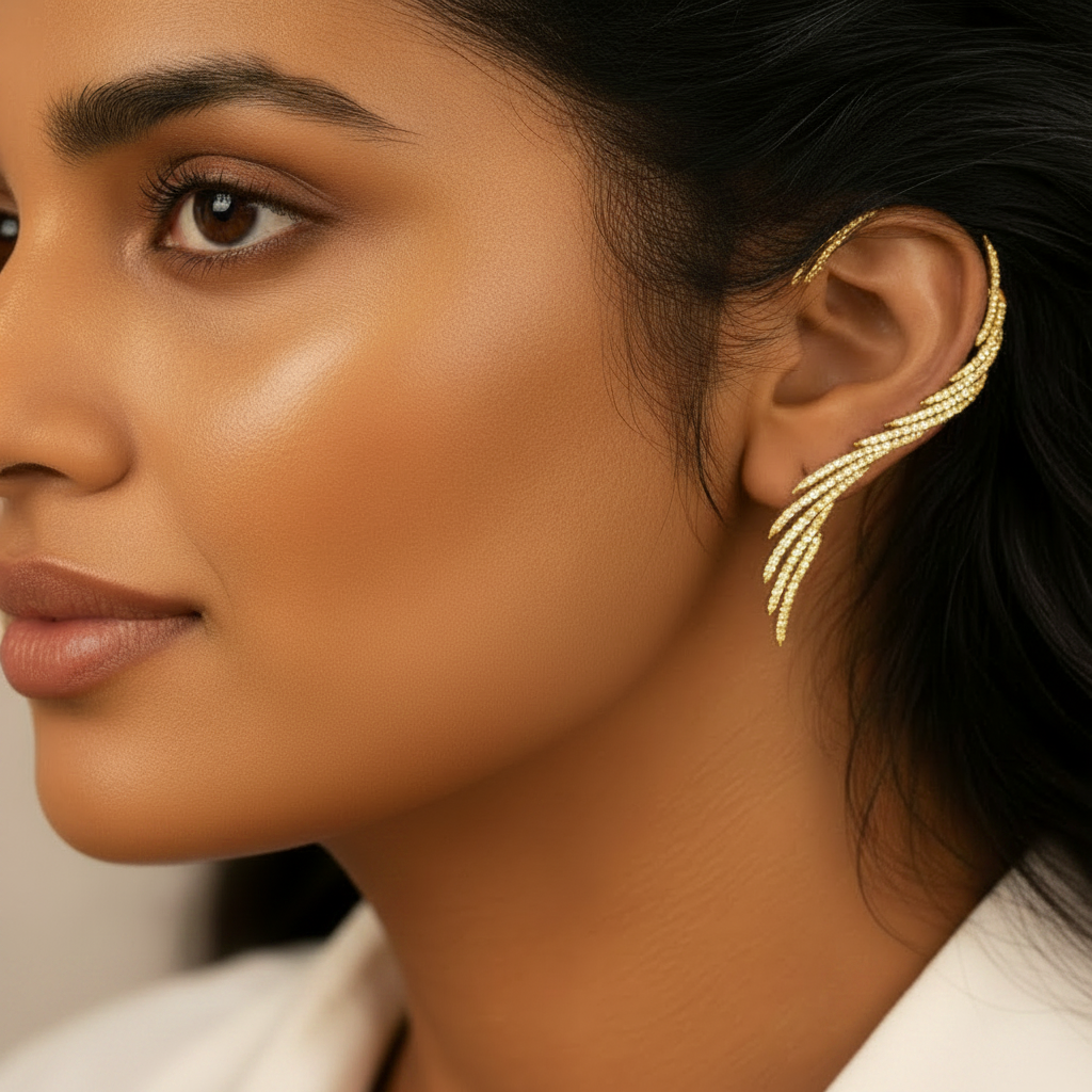A close-up of a woman's ear wearing a delicate, multi-strand ear cuff earring set with small clear stones in a silver-toned metal. The earring is shown against her dark hair and warm skin tone.