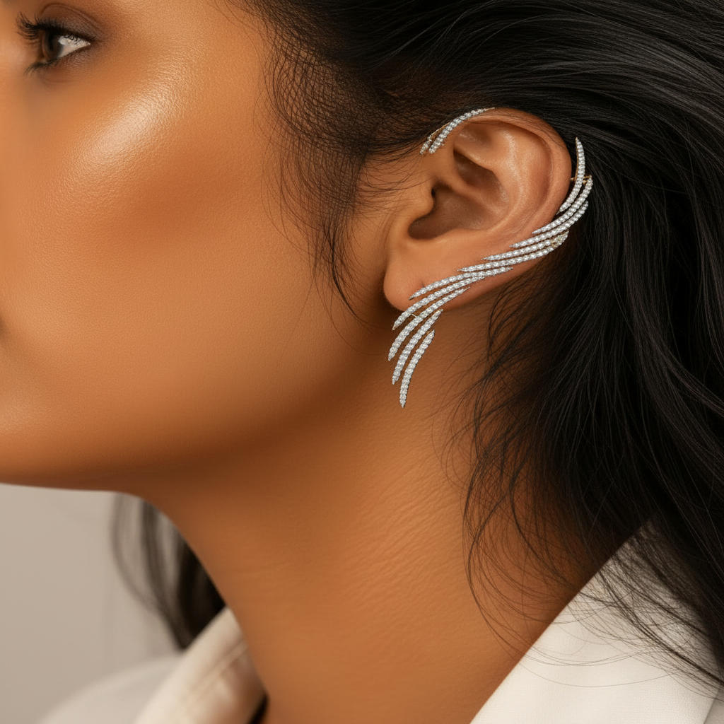 A close-up of a woman's ear wearing a delicate, multi-strand ear cuff earring set with small clear stones in a silver-toned metal. The earring is shown against her dark hair and warm skin tone.