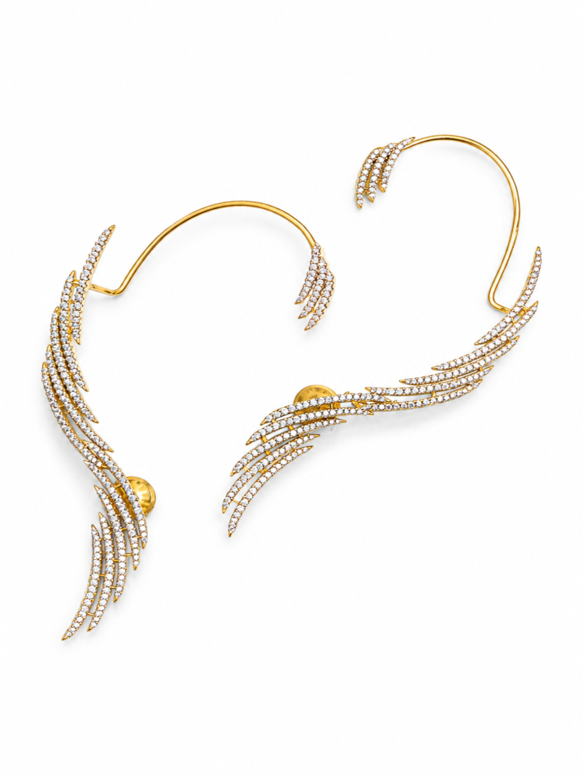 A pair of gold ear cuffs embellished with rows of clear pavé stones and accented with small gold beads, displayed on a clean white background.