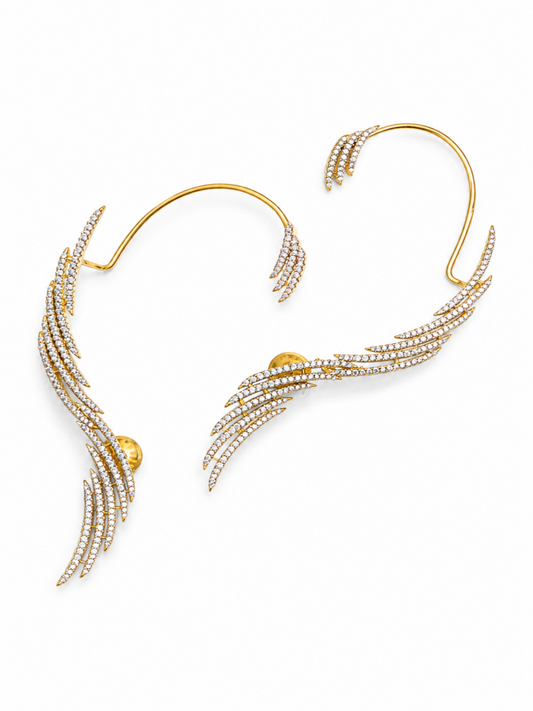 A pair of gold ear cuffs embellished with rows of clear pavé stones and accented with small gold beads, displayed on a clean white background.