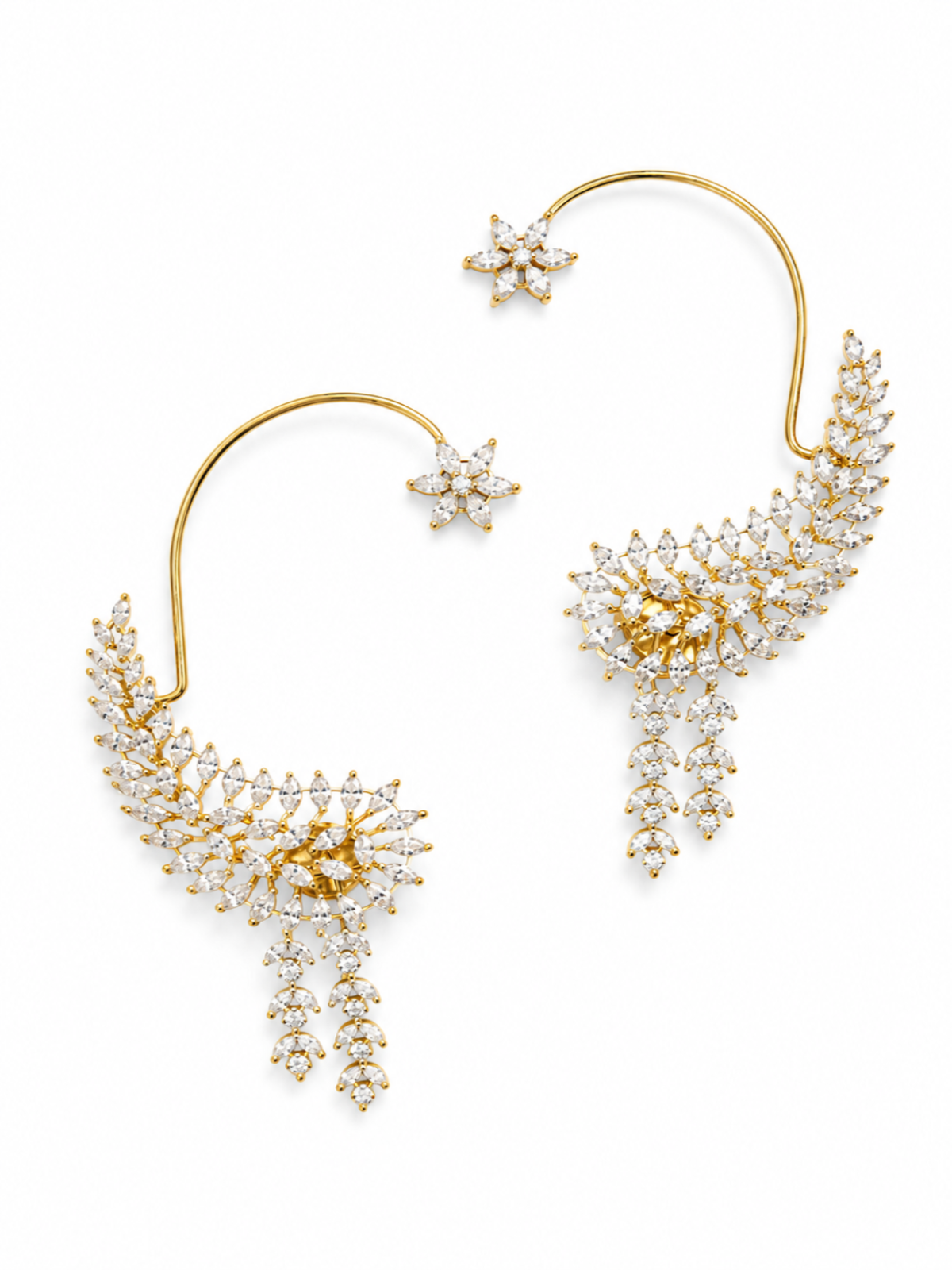 A pair of gold and diamond crescent moon drop earrings with matching star-shaped studs, displayed on a clean white background.