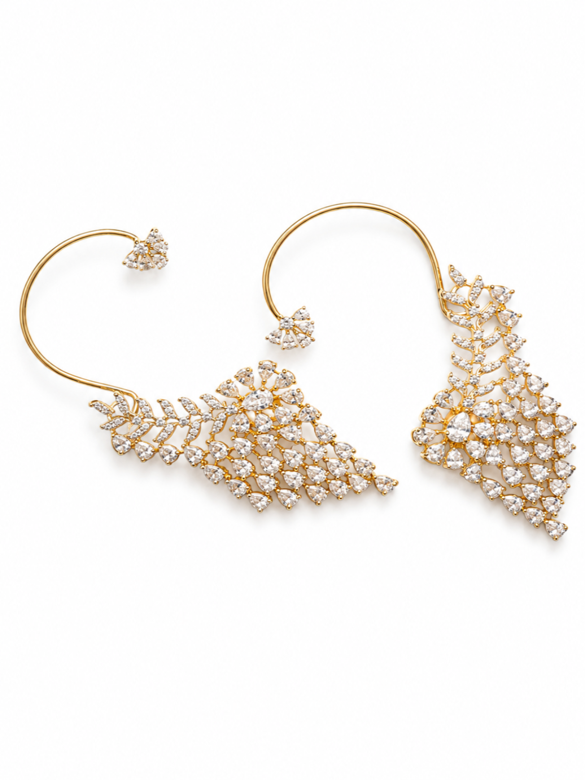A pair of gold hoop earrings with intricate, tiered diamond clusters in a fan or leaf-like design, set against a plain white background.