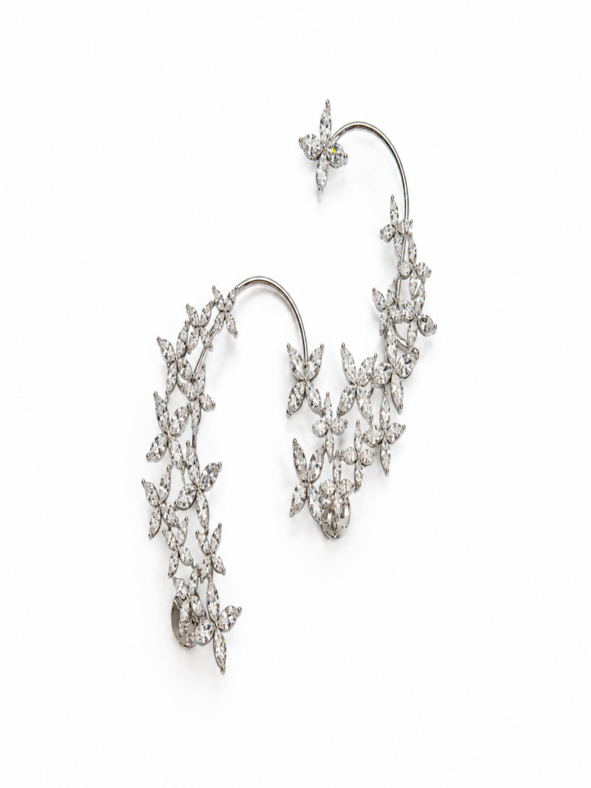 A pair of silver-toned curved hoop earrings adorned with clusters of clear marquise-cut crystals and small star-shaped crystal motifs, displayed on a clean white background.