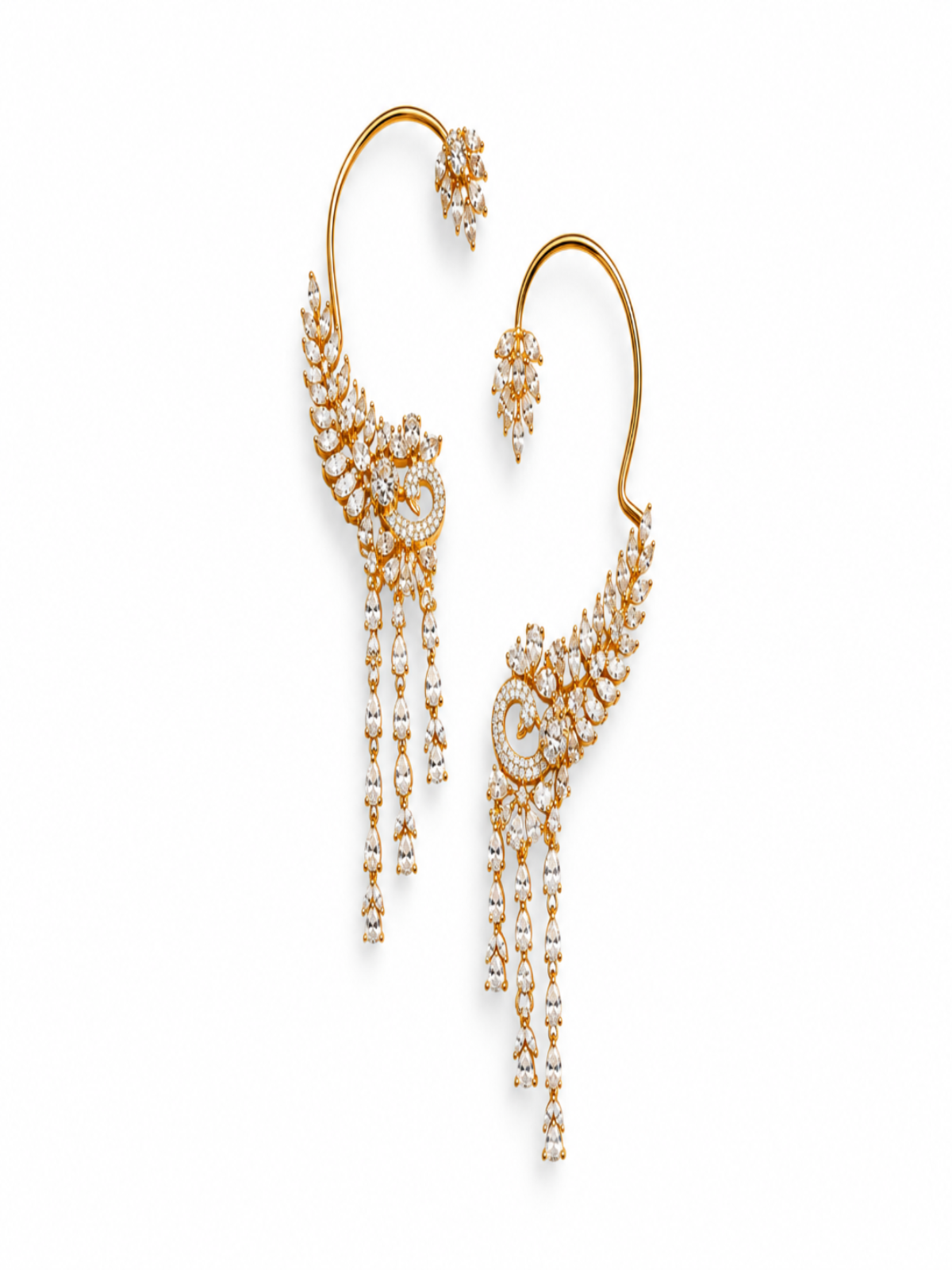 A pair of gold huggie hoop earrings adorned with intricate pavé diamond clusters and dangling chain drops, shown on a clean white background.