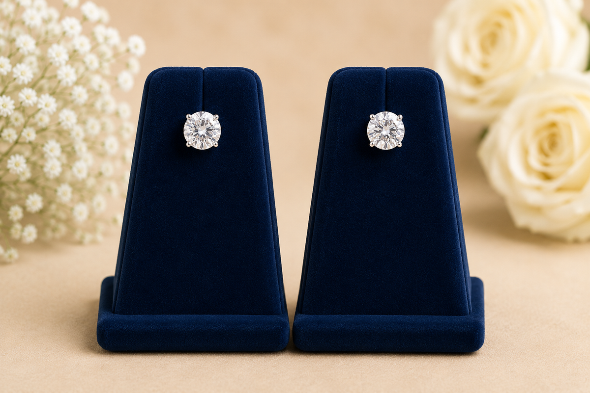 Diamond Solitaire Stud Earrings-Imitation Fashion Jewellery,Silver Polish