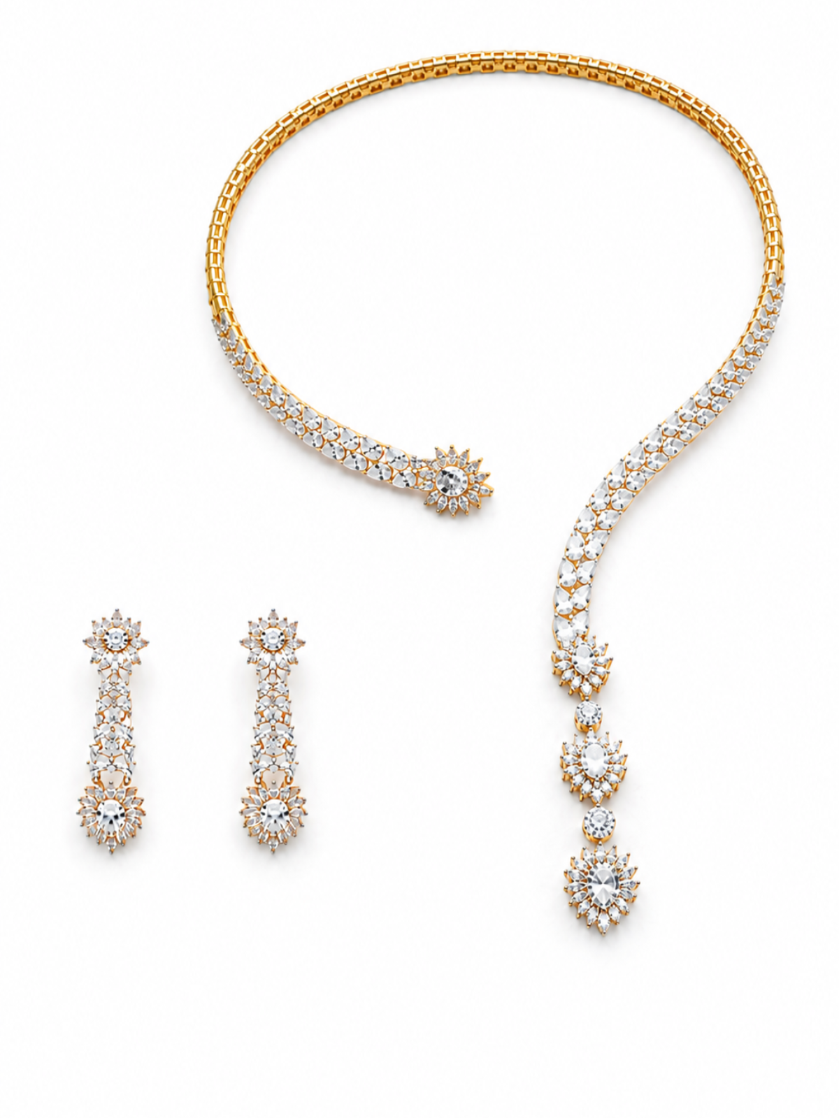 Gold and diamond jewelry set featuring a curved necklace with matching drop earrings, displayed on a clean white background.