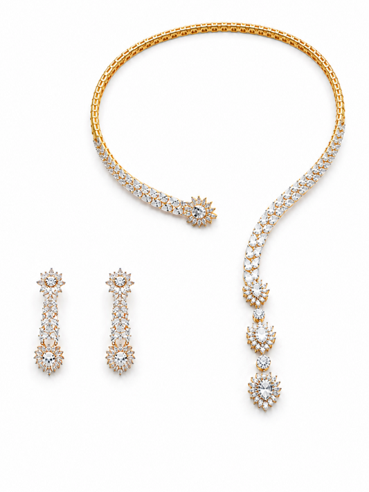 Gold and diamond jewelry set featuring a curved necklace with matching drop earrings, displayed on a clean white background.