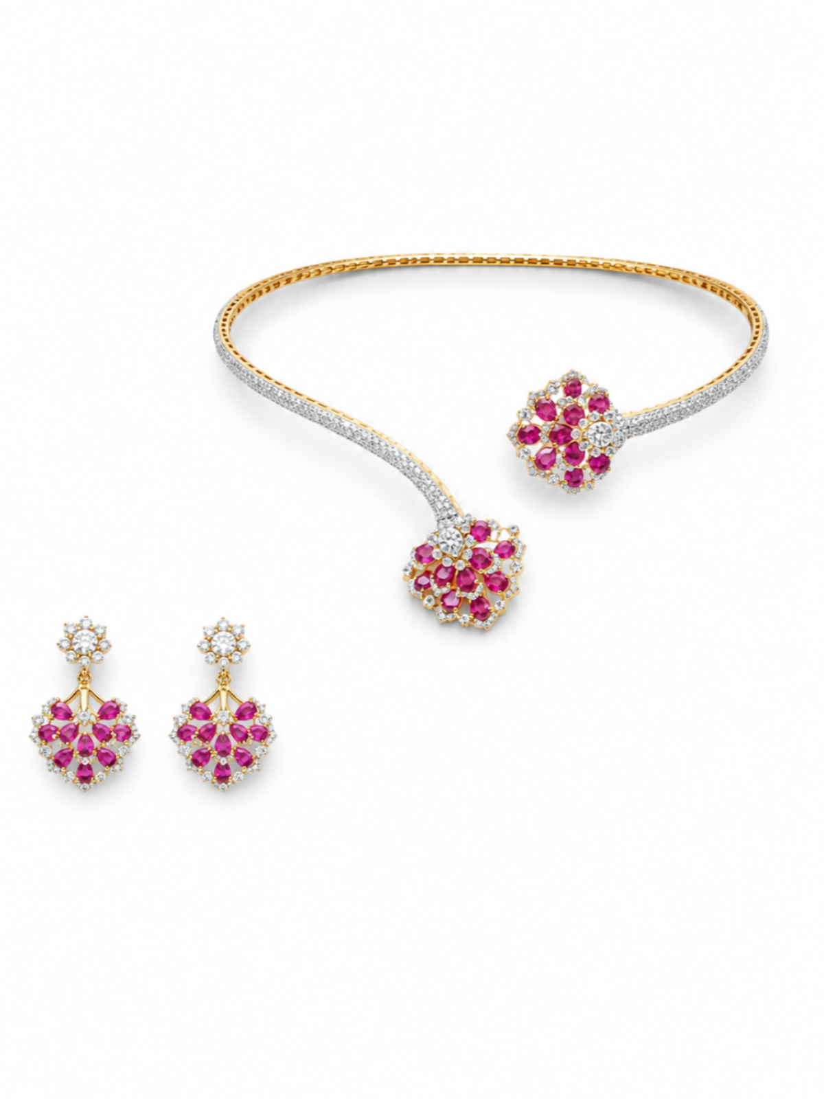 A jewelry set featuring a curved bangle bracelet, a matching pendant, and a pair of drop earrings, all decorated with vibrant pink gemstones and clear stones in gold and silver settings, displayed on a clean white background.