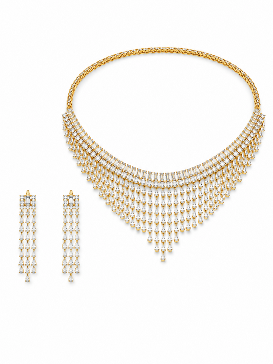 Gold-tone jewelry set featuring a wide choker-style necklace with cascading rows of clear stones and dangling pearl-like beads, shown with matching drop earrings on a plain white background.
