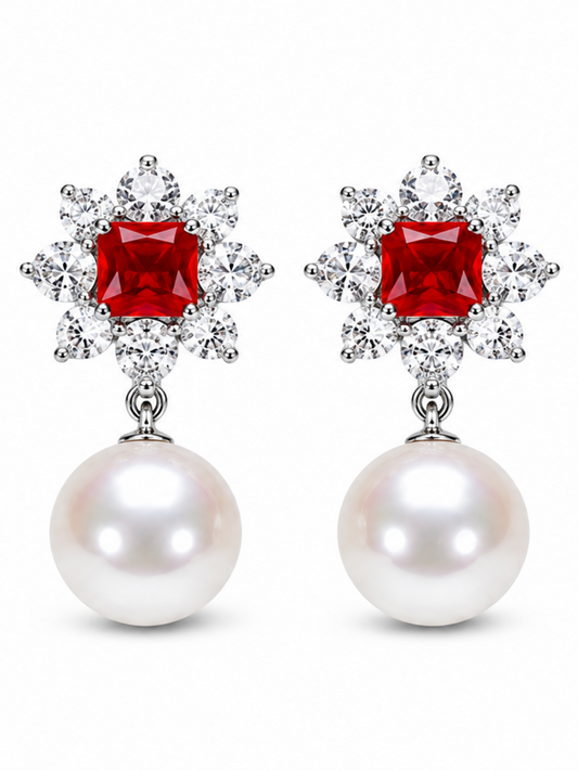 A pair of drop earrings featuring a square-cut red gemstone surrounded by small clear stones in a floral burst, with a large white pearl dangling below, set against a plain white background.