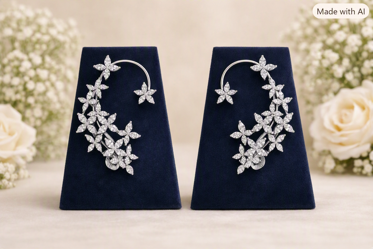 A pair of silver-toned crescent-shaped hoop earrings adorned with sparkling clear stones in a floral vine pattern, displayed on dark navy velvet stands. The background is a soft beige with blurred white roses and baby's breath, and a 'Made with AI' watermark is visible in the top right corner.