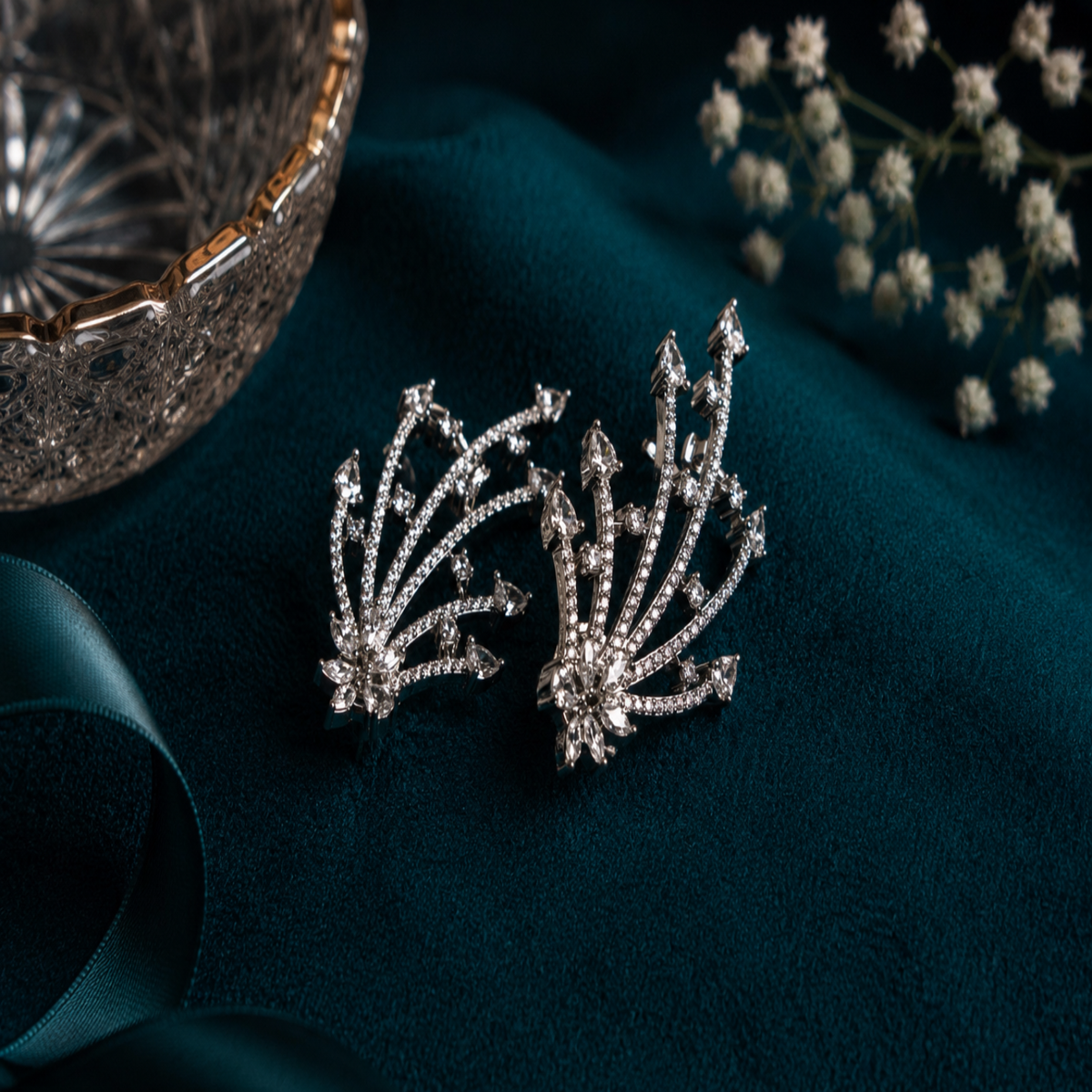 A pair of silver-toned fan-shaped brooches set with clear crystals, displayed on a dark teal velvet fabric with a decorative crystal bowl and white baby's breath flowers.