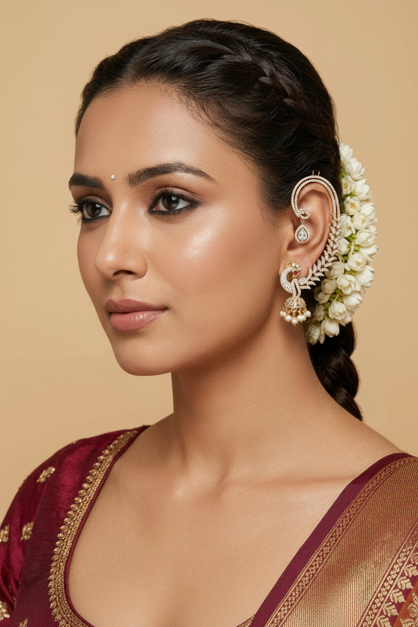 A woman with dark hair styled in a braid wearing a white floral hair accessory and a gold-toned ear cuff earring, shown against a warm beige background.