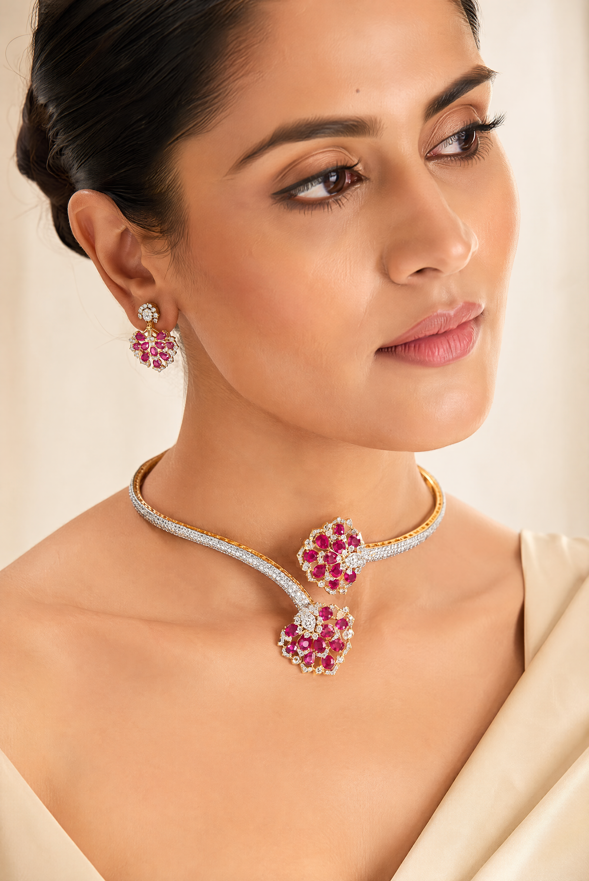 Elegant Ruby and Crystal Statement Hasli Necklace Set